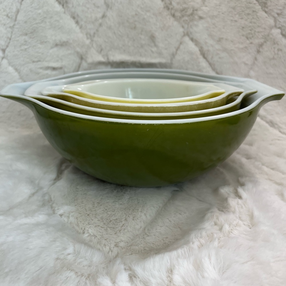 Vintage Pyrex Cinderella mixing bowls in the Verde (green) pattern